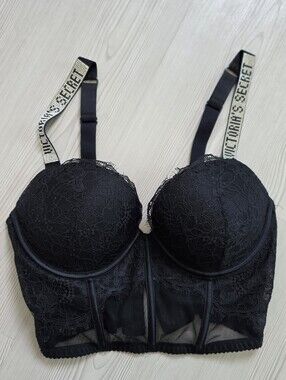 Victoria's Secret Black Lace Push-up Corset Bustier Bra With Shine Strap